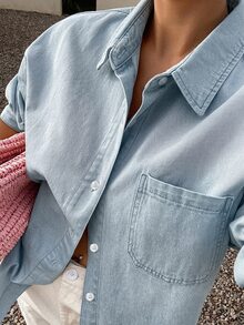 Livesso Women's Loose Fit Long Sleeve Cotton Denim Shirt With Collar - Light Wash - View 4