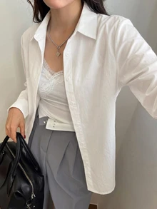 DAZY 女款純色長袖單排扣休閒通勤襯衫 秋季 - 米色 - 查看 3