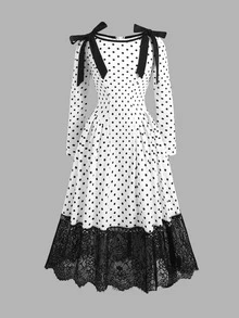 Tween女孩春秋新款時尚休閒針織波點印花拼色蝴蝶結裝飾圓領長袖收腰抓皺下擺蕾絲飾邊長洋裝，派對穿搭，日常穿著 - 白色 - 查看 7