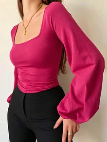 Cévolie 女款大尺碼方領燈籠袖長袖性感修身上衣 T-shirt - 玫紅色 - 查看 4