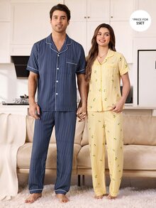 CoupledUp Classic Striped Print Open Front Lapel Short Sleeve Long Pants Men's Pajama Set - Navy Blue - View 6