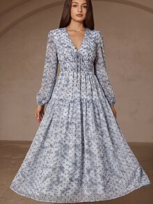 BELROSIE 復古波點V領修身優雅連身裙，前領綁帶設計，修身長袖雪紡洋裝 - 藍色 - 查看 4