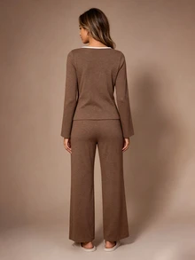 Lazeform Women's Casual Knit Tie-Front Cardigan Loungewear Pajama Set - Brown - View 2