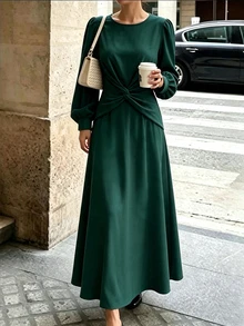 SHEIN Fall New Year Vintage Mature French Elegant-Style Ethereal Fairy-Style Dark Green Birthday Cocktail Office Tea Party Dresses - Green - View 4