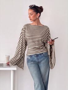Siren Gaze Women's Boat Neck Batwing Long Sleeve Striped T-Shirt, Autumn New Style - Brown - View 1