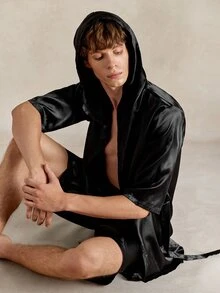 EverLounge Men's Solid Color Short Sleeve Hooded Robe - Black - View 1