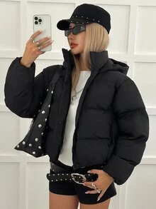 Livesso Women's Winter Black Hooded Drawstring Long Sleeve Thick Padded Pocket Decor Loose Padded Coat - Black - View 7