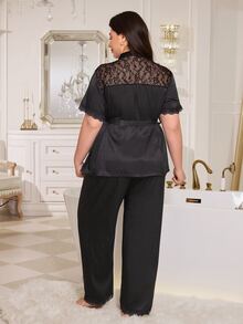 MuseNap CURVE Sexy Lace Patchwork Satin Loungewear, Exquisite V-Neck Tie-Up Slim Fit Plus Size 2-Piece Pajama Set - Black - View 2