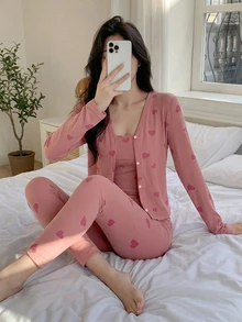 DAZY 3pcs Women's Heart Pattern All-Over Print Short Cardigan, Fitted Camisole, And Ankle-Length Fitted Pajama Pants Sleepwear Set - Pink - View 6