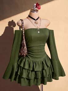 SHEIN ICON 女款大尺碼黑色紋理單肩洋裝 秋季 - 軍綠色 - 查看 1