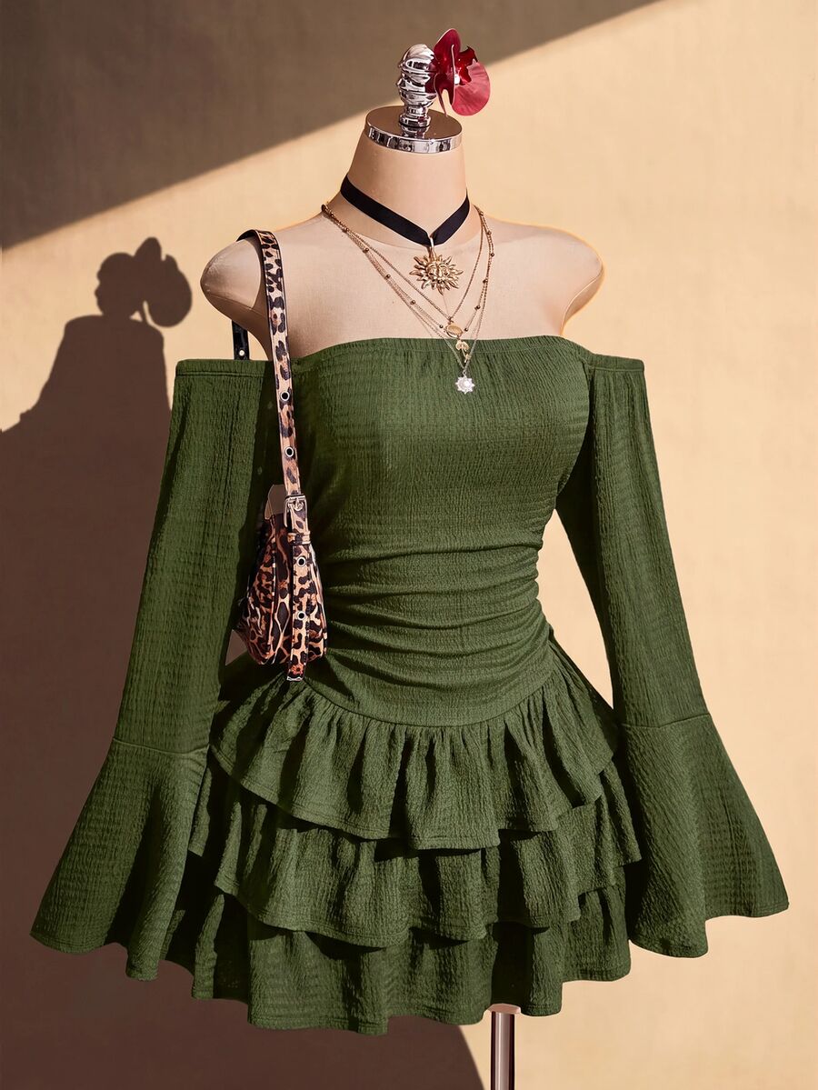 SHEIN ICON 女款大尺碼黑色紋理單肩洋裝 秋季 - 軍綠色 - 查看 1