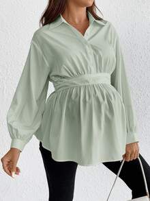SHEIN Maternity Solid Color Long Sleeve Button Half-Placket Casual Shirt Fall - Green - View 6