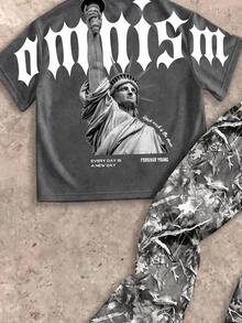Teen Boy Letter Statue Of Liberty Graphic T-Shirt, Street Style Crew Neck Short Sleeve Flared Pants 2-Piece Set, For Party Halloween Christmas School - Multicolor - View 3