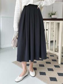 DAZY Teen Girl Solid Color Casual Preppy Pleated Skirt Fall - Navy Blue - View 3