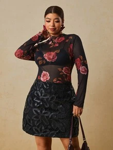 Travachic 大尺碼女款黑色玫瑰針織上衣，小高領長袖打底衫 - 黑色 - 查看 6