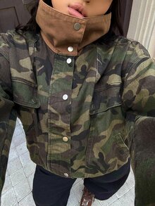 Rivivi Plus Size Women's Camouflage Lapel Casual Versatile Everyday Denim Jacket - Multicolor - View 5