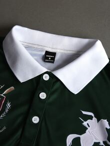 STYNVO 男士夏季休閒字母印花 Polo 衫 - 墨綠色 - 查看 3