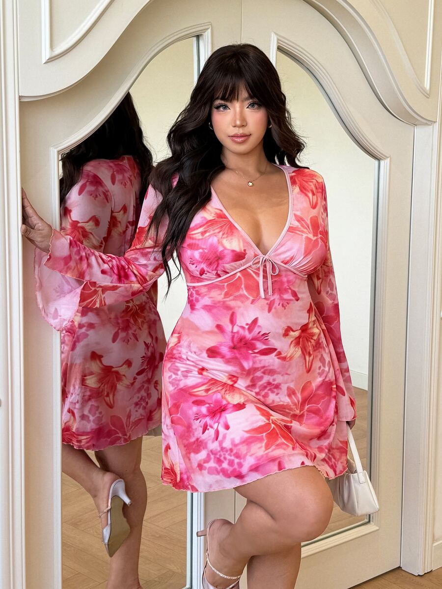GalTyme 女款大尺碼花卉印花繫帶洋裝 - 粉色 - 查看 1