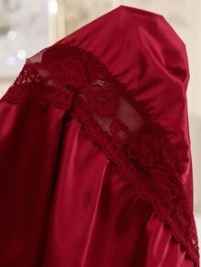 MuseNap CURVE Burgundy Lace Deep V Neckline Waist Lace Hollow Out Long Sleeve Long Pants Mesh Design Plus Size Women's Loungewear Set - Burgundy - View 7