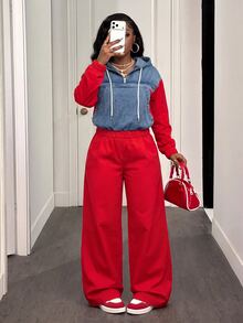 Slaydiva Setelan 2 Potong Wanita Ukuran Plus: Sweatshirt Berkerudung dengan Resleting dan Celana Jeans Lebar, Pakaian Kasual Longgar dengan Kombinasi Warna untuk Musim Gugur - Blue and White - View 6