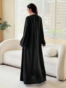 Al Najma Romantic Elegant Solid Color Flared Mesh Lace Decor Women's Abaya - Black - View 2