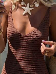 Flora Isola Flora Isola Spring/Summer Beach Casual Vacation Style Sleeveless V-Neck Backless Women's Knit Dress - Mocha Brown - View 4