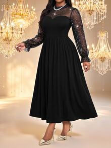 Fleurora Plus Size Women's Patchwork Glitter Mesh Elegant Dress Fall - Black - View 3