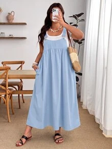 Enliva Plus Size Loose Black Strap Dress - Baby Blue - View 9