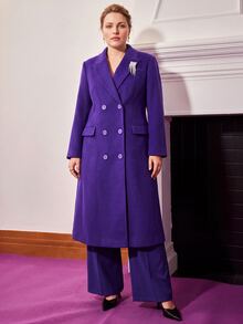 MOTF PREMIUM PLUS ELEGANT BROOCH DECORATED PURPLE MID-LENGTH WOOL BLEND OVERCOAT - Purple - View 6