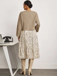 MaterniWear Maternity Solid Color Top & Ditsy Floral Print Dress Nursing 2-Piece Set Fall - Khaki - View 2