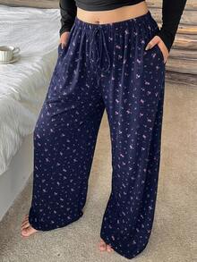 Dazy Plus Plus Size Women's Solid Color Elastic Waist Loose Drawstring Straight Leg Lounge Pants - Blue - View 4