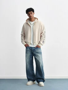 TOKVUE Men's Letter Print Zip-Up Casual Hoodie - Beige - View 4