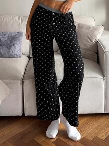 DAZY Women's Polka Dot Pattern Button Design Loose Pajama Pants Fall - Black - View 4
