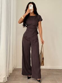 SHEIN PETITE 女款條紋不對稱下擺襯衫與寬鬆長褲套裝 - 咖啡棕 - 查看 4