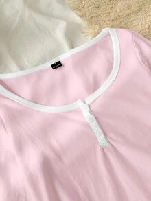 Tseoso 女款棉感粉白配色 95%棉半排扣 T-shirt，百搭四季居家服，優雅休閒時尚日常秋季款 - 彩色 - 查看 9