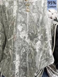 SHEIN EZwear 乾葉植物印花圓領長袖寬鬆版型T恤，適合秋季，學院風 - 彩色 - 查看 3