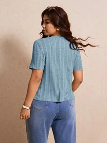 Elaquor Plus Size Women Solid Color Front Button Short Sleeve T-Shirt - Baby Blue - View 2