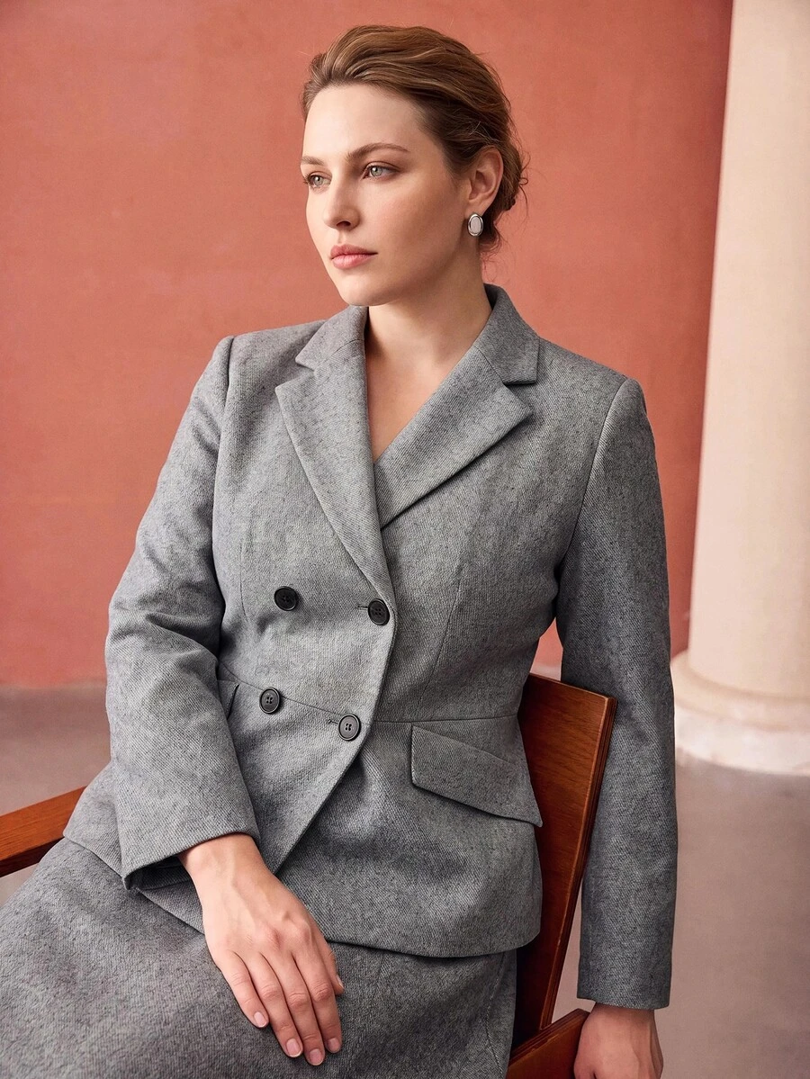 MOTF PREMIUM PLUS SIZE WOMEN'S WOOL WAIST-CINCHING BLAZER FOR AUTUMN/WINTER COMMUTE - Grey - View 1