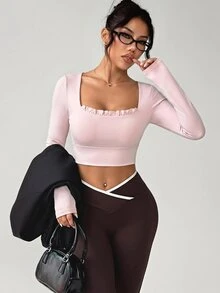 SHEIN Dewbera Solid Color Slim Fit Cropped Long Sleeve Sports T-Shirt - Pink - View 5