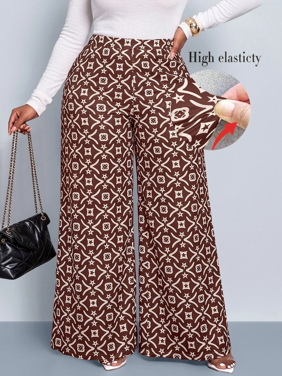 SOLERSUN Plus Size Women's Vintage Geometric Print Wide Leg Pants, Suitable For Full-Figured Women, High Waist Elastic Waistband, Flowy Wide Leg Pants, Burgundy Star Pattern Casual Vacation Pants, Vintage Atmosphere Color Scheme, Suitable For Various Occasions, Parties, Music Festivals, Daily Commute, Fashionable And Versatile, Street Style Outfit, Autumn/Winter New Arrival, Suitable For All Seasons - Red - View 1