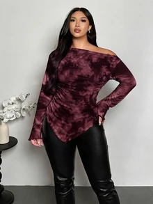 Firerie Plus Size Women's Tie-Dye Long Sleeve Asymmetrical Hem Fashion T-Shirt Fall - Multicolor - View 3