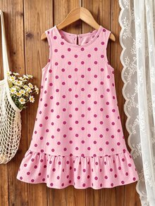 Emery Rose Kids Emery Rose Kids 女童波點圖案無袖圓領拼接荷葉邊下擺洋裝 - 彩色 - 查看 4