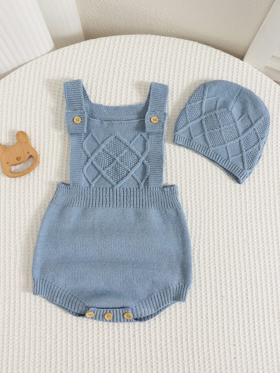 SHEIN Set Baju Terusan dan Topi Bayi Laki-laki Warna Polos Serbaguna dan Nyaman (2 potong)