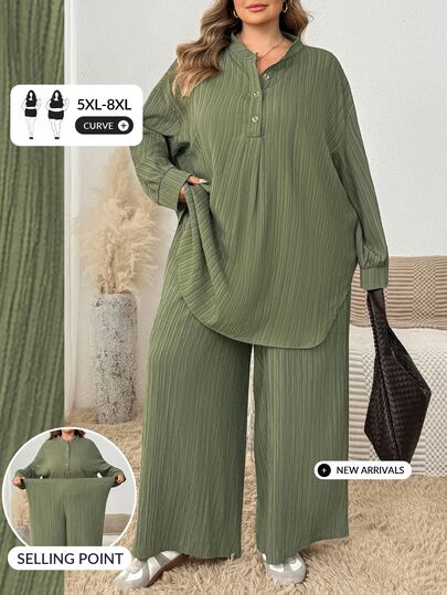 SHEIN CURVE+ Plus Size Stand Collar Long Sleeve Half-Zip Loose Casual Curved Hem 2 Pieces Set