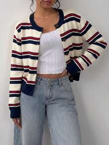 SHEIN BASICS 女款開襟衫，適合春、秋、冬，高端配色，優雅條紋，返校穿搭 - 彩色 - 查看 4