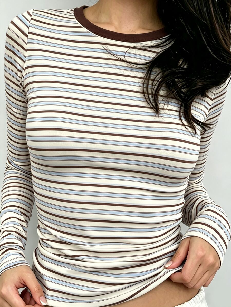 Sundraya 女款休閒條紋拼接長袖T恤，極簡日常穿搭 - 彩色 - 查看 1