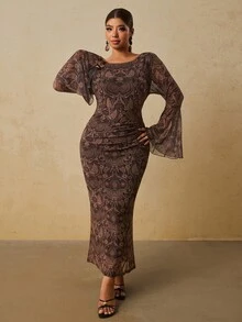 Travachic Plus Size Elegant All-Over Print Flare Sleeve Dress - Brown - View 4