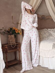 CottageSlumber Women's Romantic Floral Fleece Ribbed Asymmetrical Shoulder Long Sleeve Wide Leg Pants Pajama Set - White - View 7