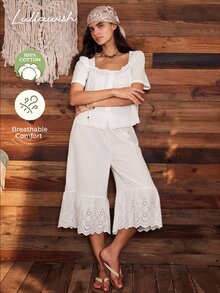 Lullawish Set Piyama Wanita Katun Campuran dengan Bordir Berongga Gaya Bohemian, Renda, Ruffle, Patchwork, Kancing, dan Kerah U. - Putih - View 2
