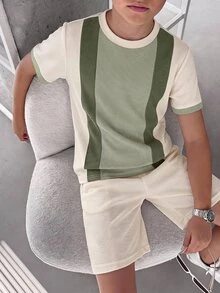 青少年男孩休閒舒適時尚簡約圓領短袖T恤與短褲套裝，返校季秋季套頭針織毛衣 - 彩色 - 查看 1